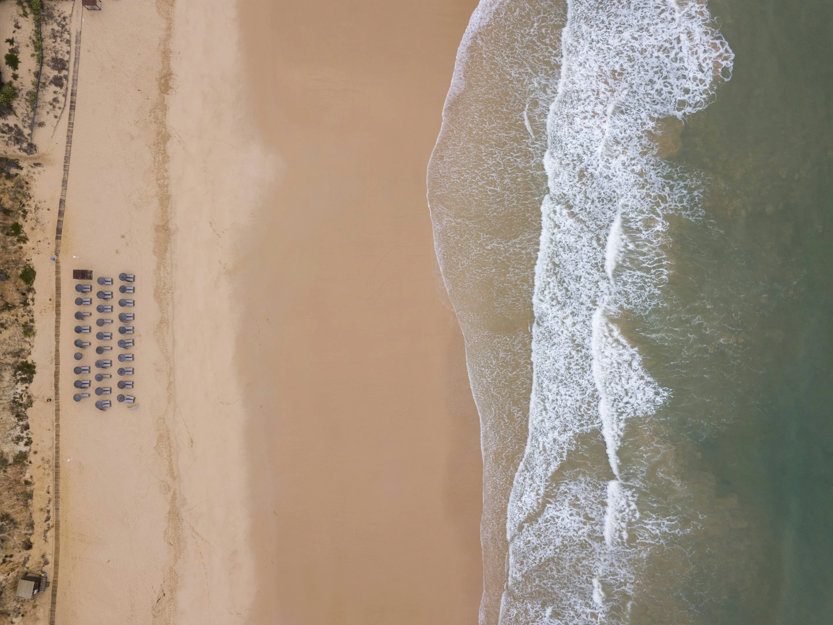 Praia de areia com chapéus de sol alinhados, vista de cima