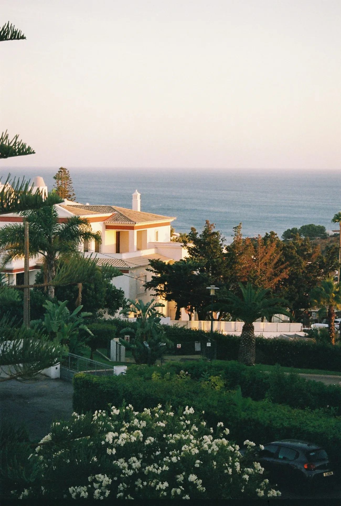 Moradia branca entre jardins com vista de mar