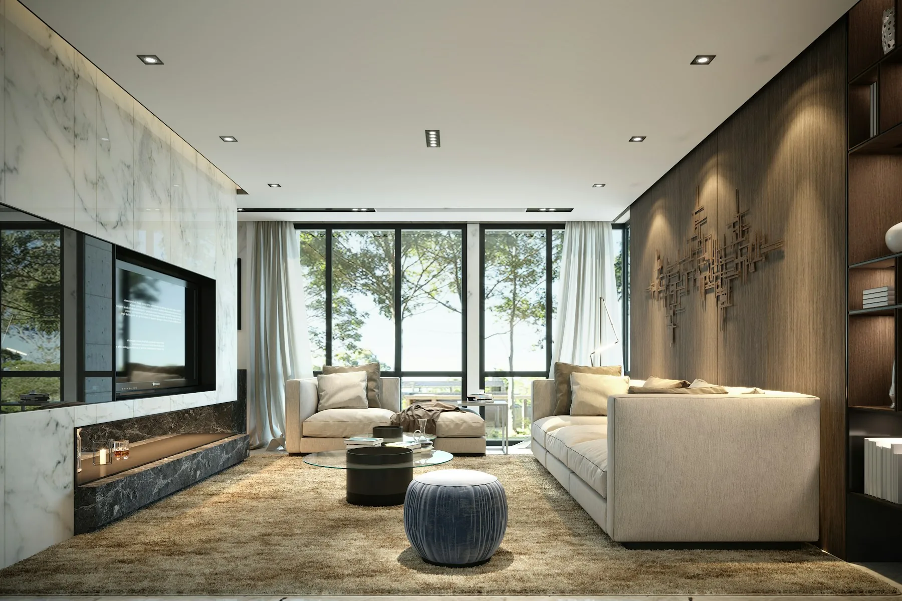 Sala de estar ampla com luz natural e vista para o jardim